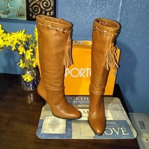 Vintage Antonio Melani Brown Leather Pull Up Fringe Tassel Heeled Boots Size 8M